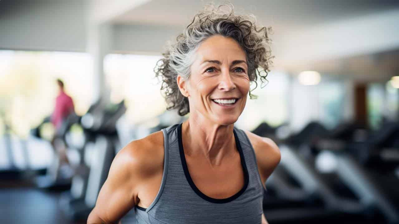 woman in her mid-50s is running on a treadmill in a gym