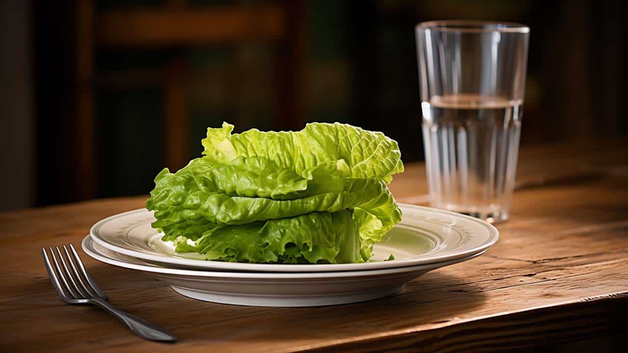 a plate with a piece of lettuce is on a dinner table with a glass of water
