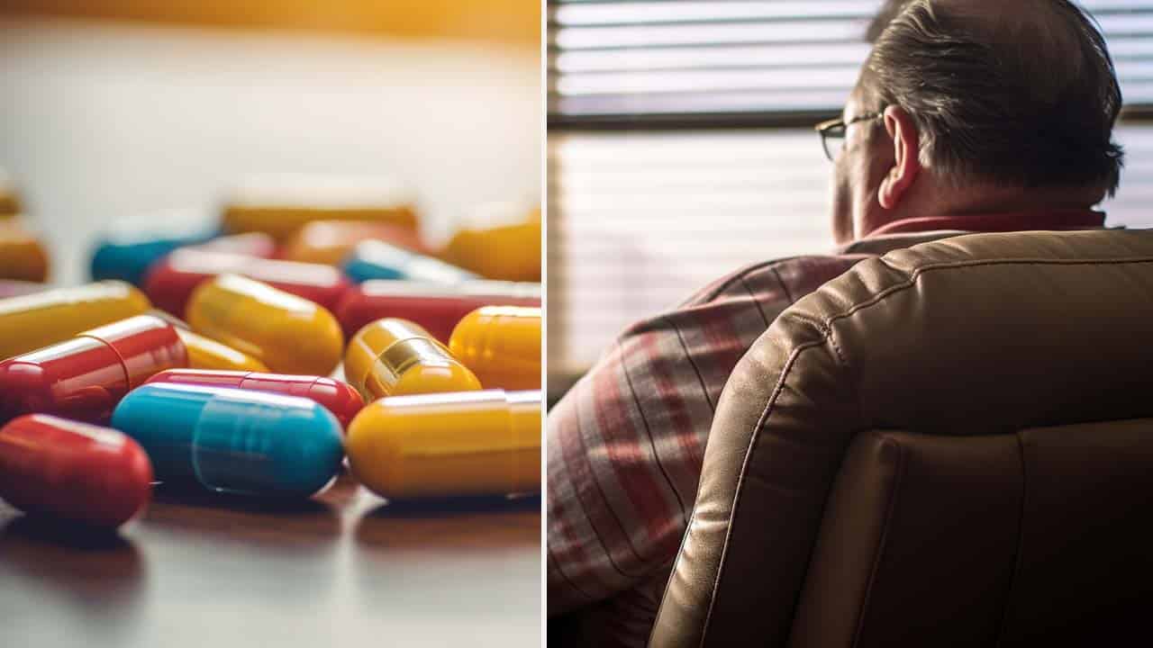 split image of weight loss pills and supplements and a slightly overweight man sitting in a recliner watching tv