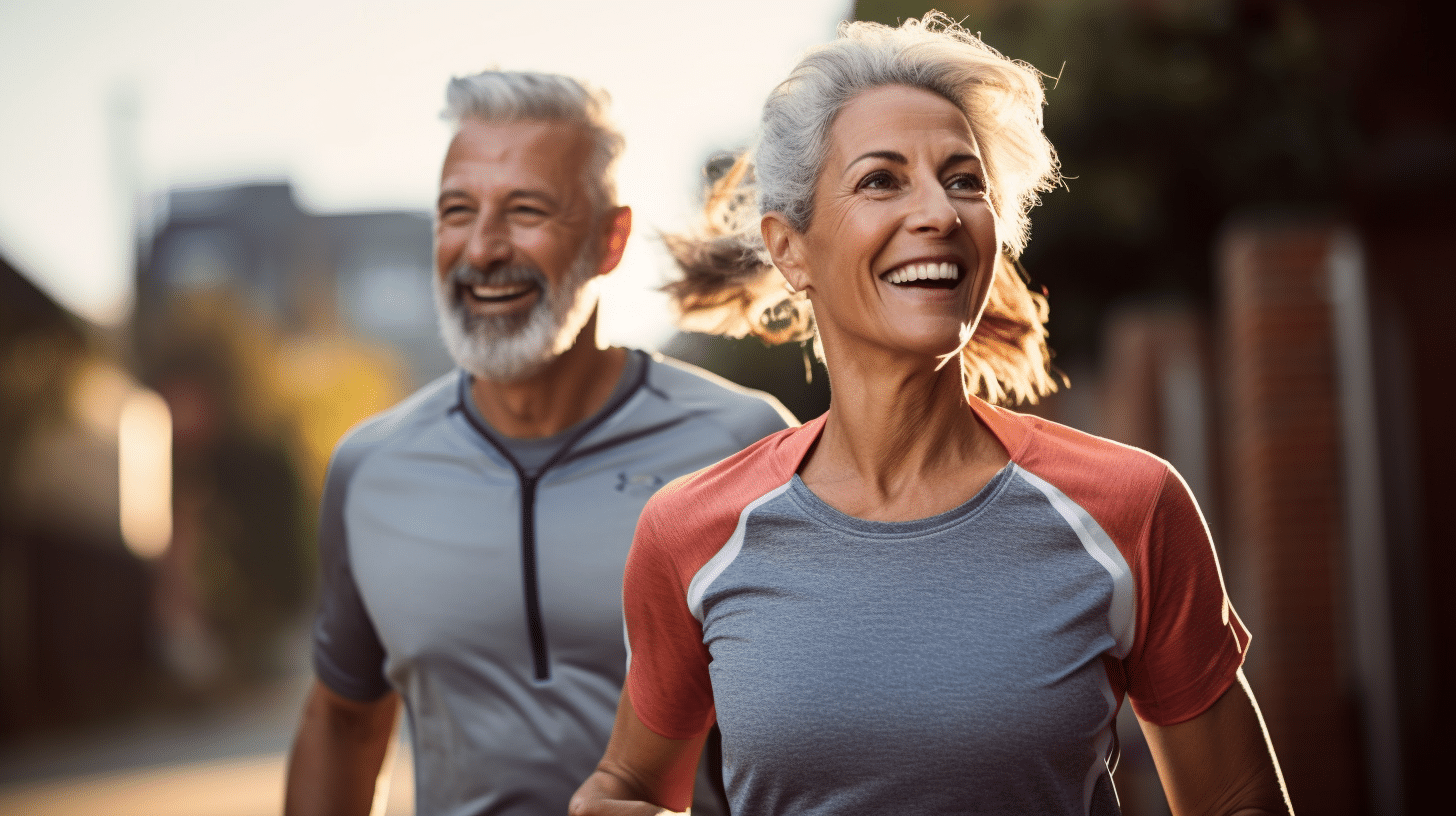 Man and Wife in their 50s exercising outside.