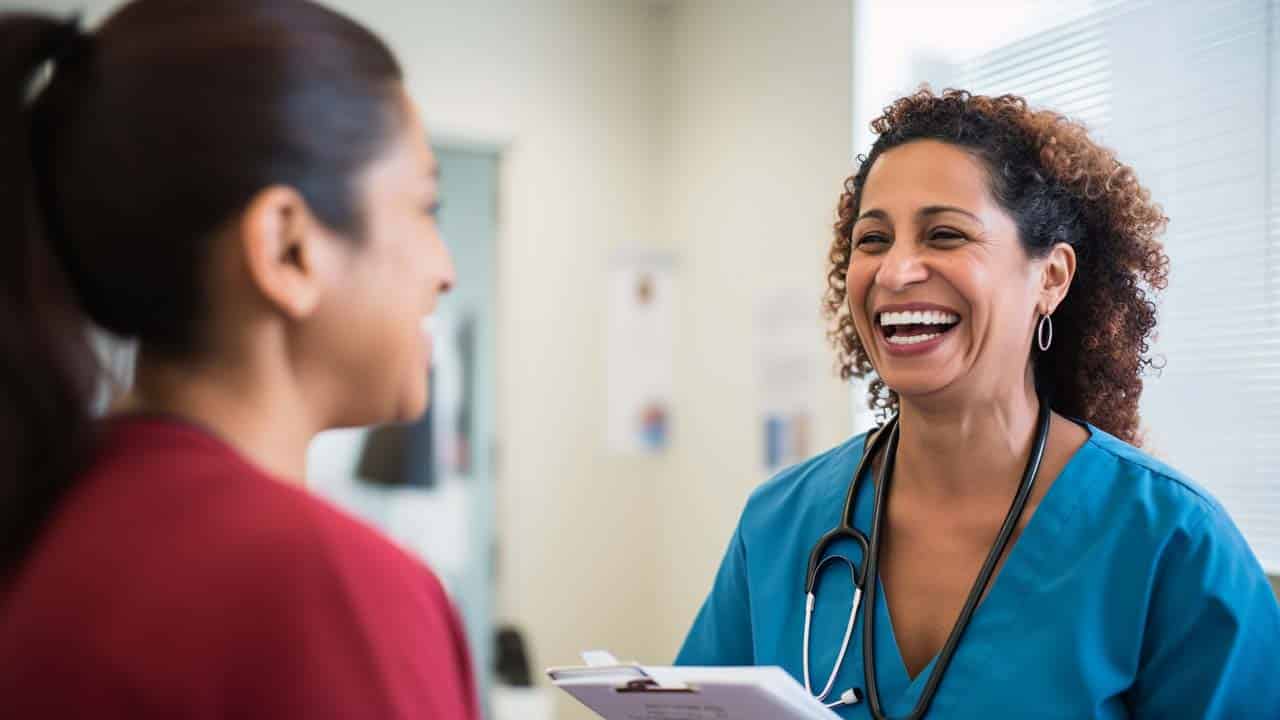 A female patient and nurse practitioner are standing in a medical clinic discussing weight loss consultation fees. They are both smiling and the nurse practitioner is wearing blue scrubs and has a stethoscope.