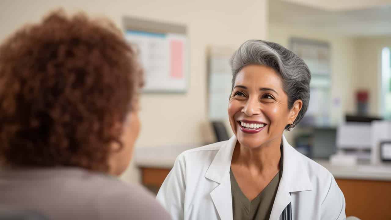 hispanic woman 60+ years old talking to nurse in a medical office