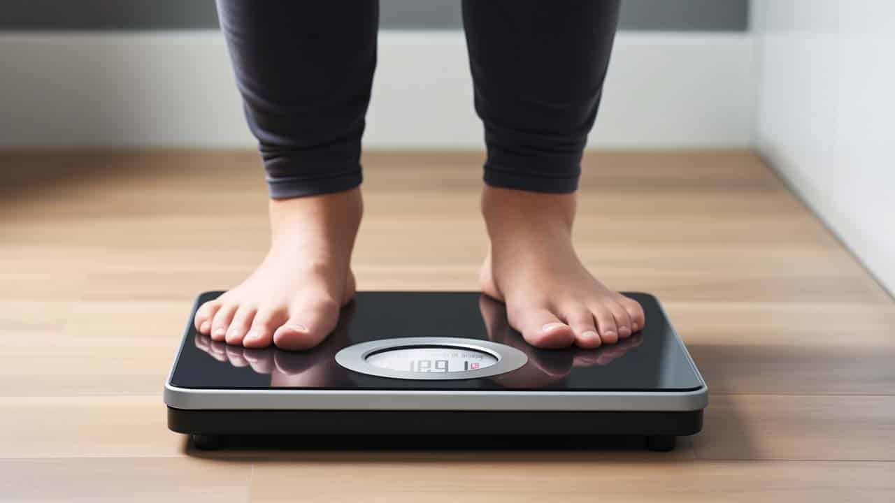 an image of a person standing on a bathroom scale, looking down at their feet, with an expression of contemplation or mild frustration. This image should visually convey the idea of reaching a standstill in weight loss efforts.
