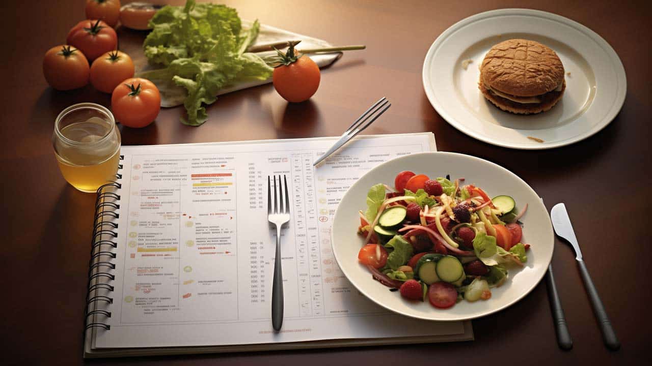 a calendar with consistent, healthy meal plans, symbolizing the importance of a regular diet for weight maintenance. Premium stock image