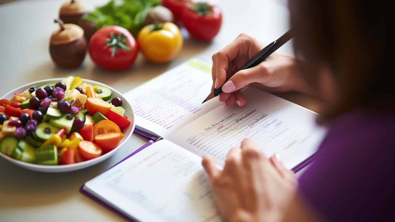 a person writing in a food diary and tracking their exercise, with images symbolizing mindful eating, portion control, and identifying habits like emotional eating for effective weight loss