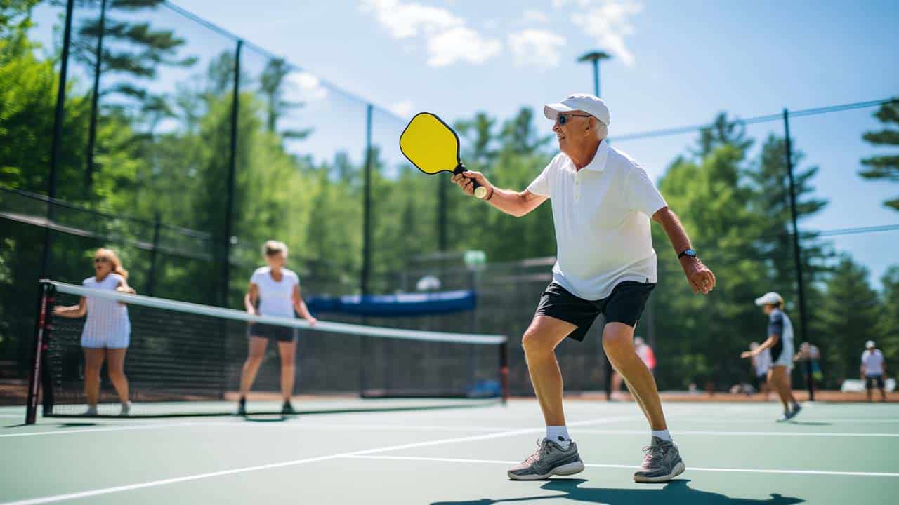 adults in their 70's playing pickleball.