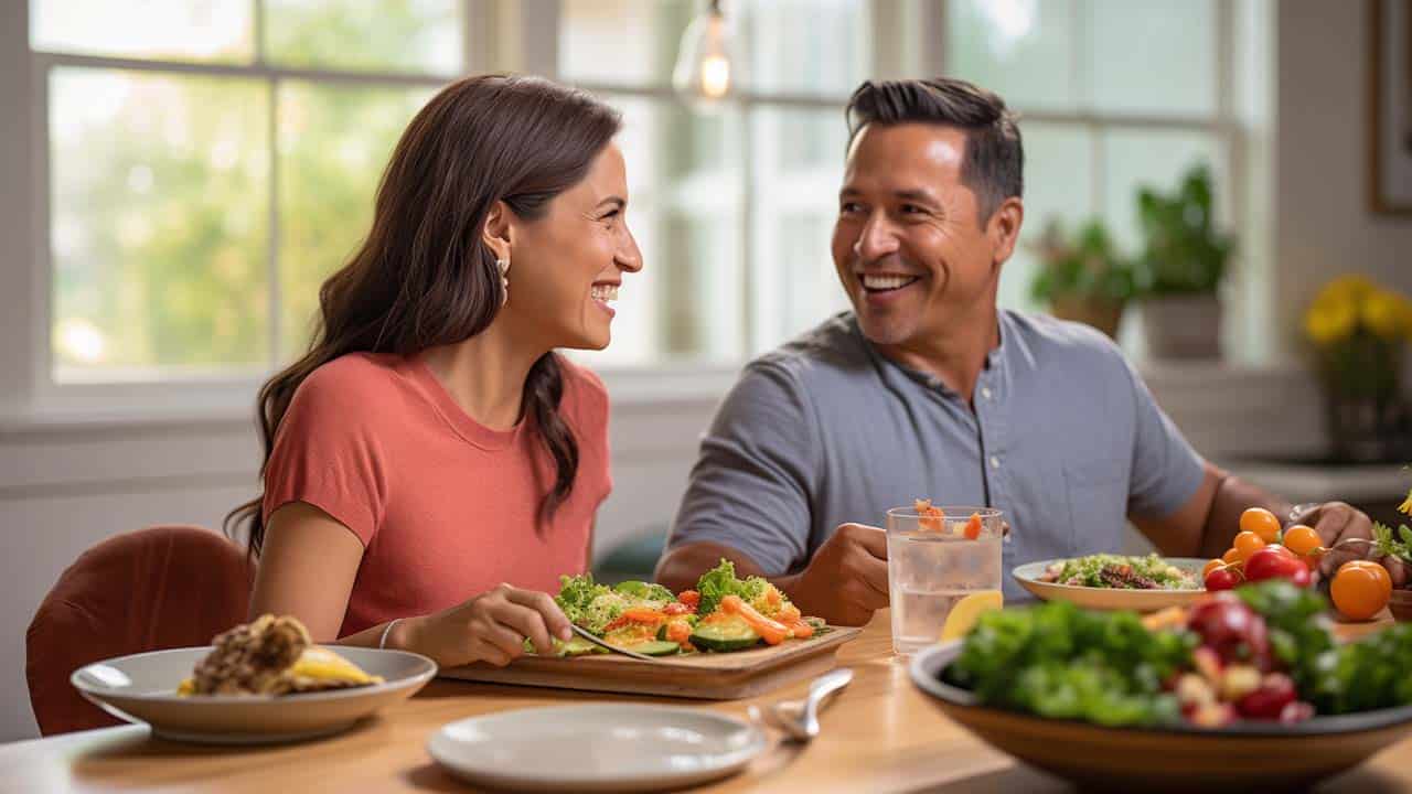 hispanic husband and wife looking a t a dining room table with healthy foods,