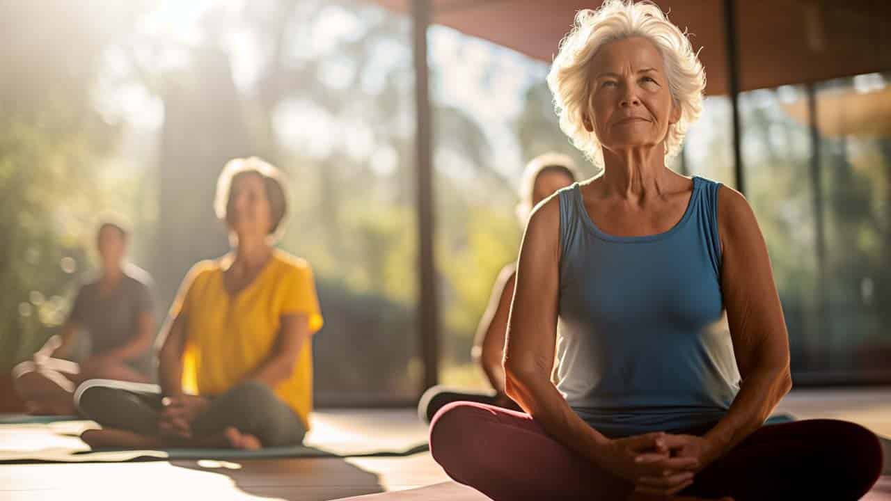 a vibrant, active senior group engaged in yoga. The overall tone should convey a sense of vitality, health, and wellness