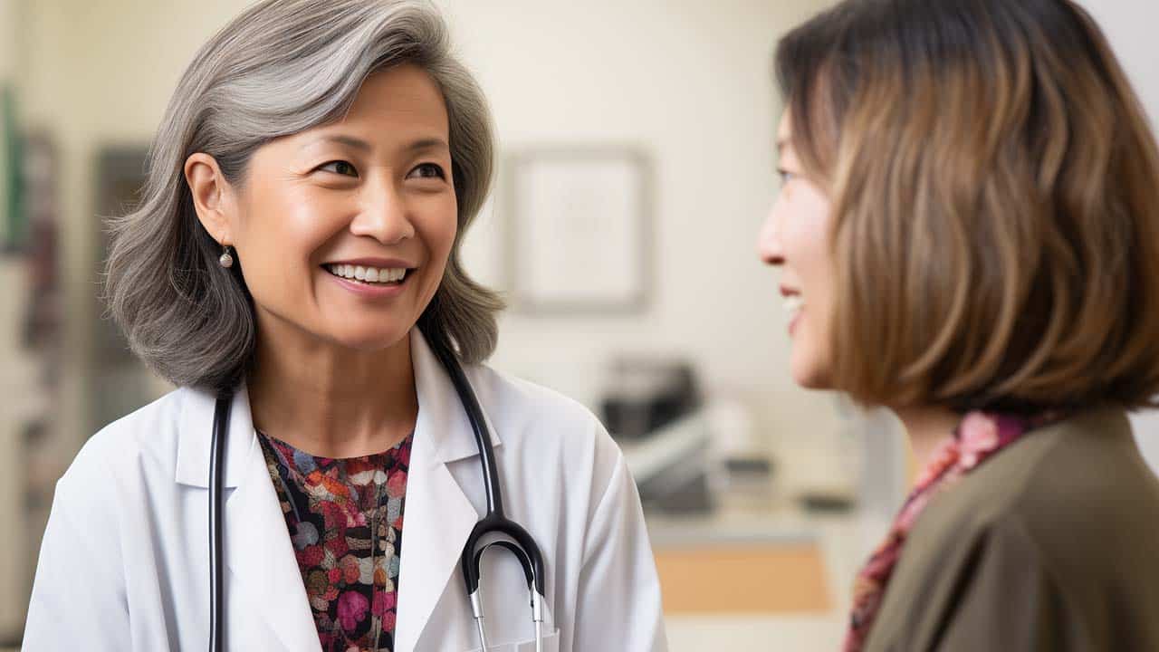 hispanic female doctor and asian woman in her 60s in a medical office talking