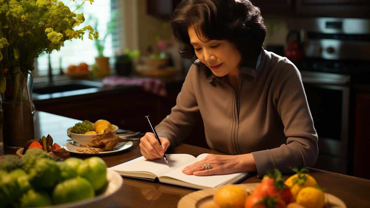 asian woman in her 60s writing in a food journal