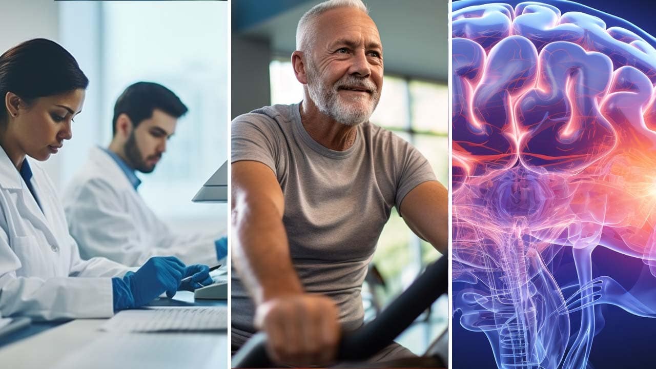 A laboratory workers conducting tests in the lab, a man in his 60's exercising at the gym, and a 3D scientific rendering xray of a human brain inside the skull.