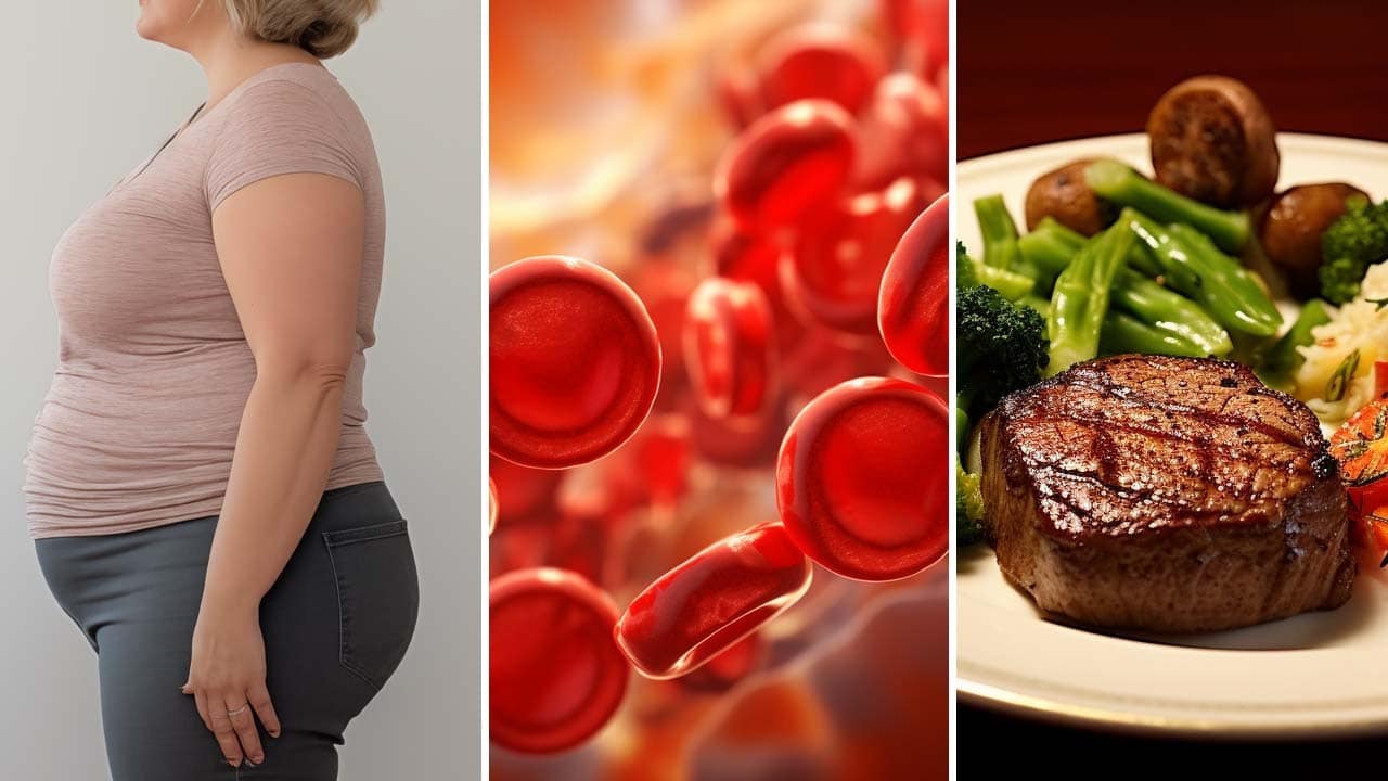 A female body composition, a 3D scientific rendering of glucose in the bloodstream, and a plate of healthy balanced meal.