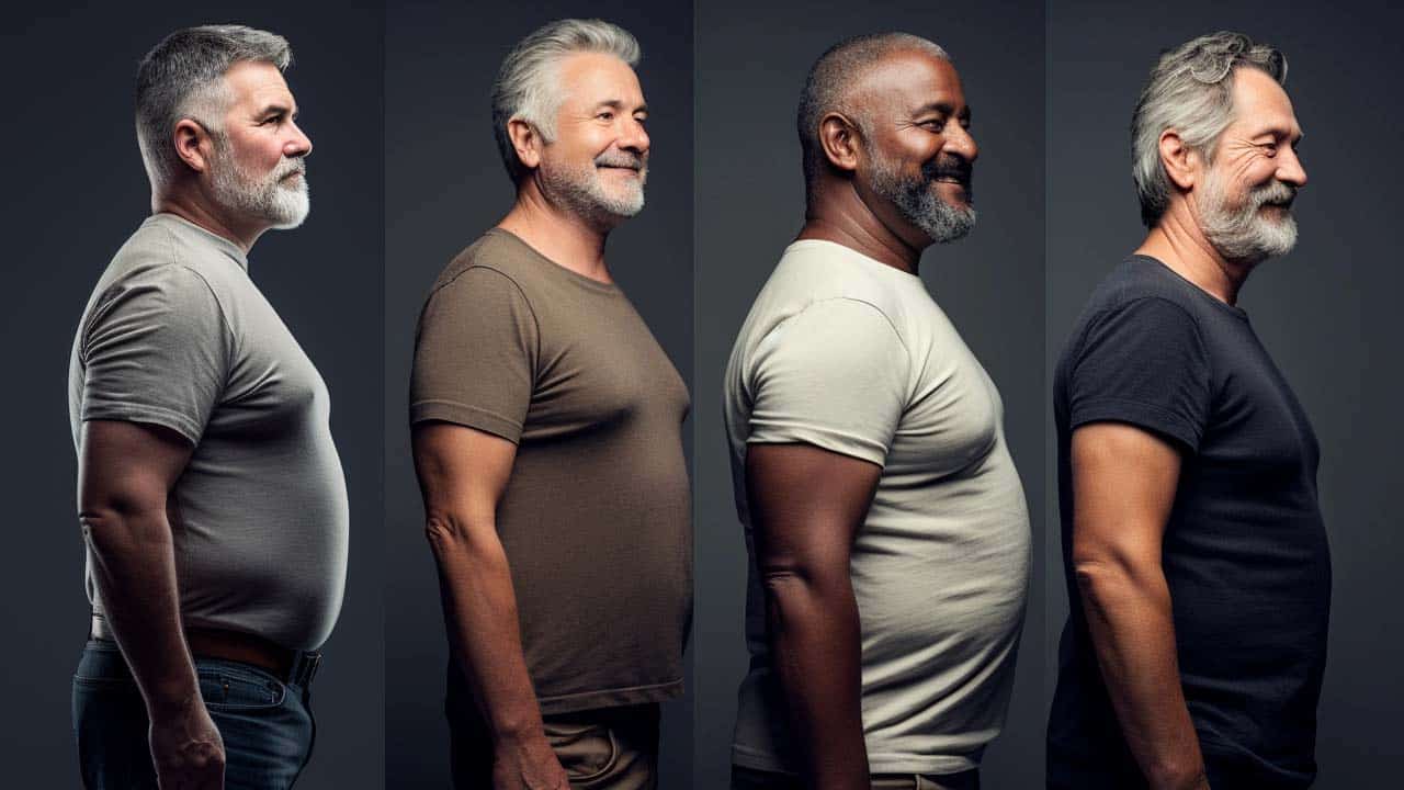 full profile of 3 standing men between the ages of 40 and 70. Different races. Different body types.