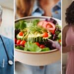 a smiling doctor, healthy salad, woman looking at herself in a mirror and smiling