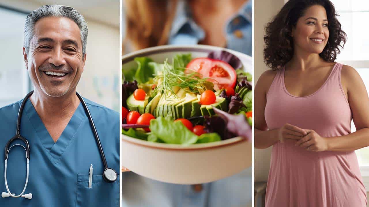 a smiling doctor, healthy salad, woman looking at herself in a mirror and smiling