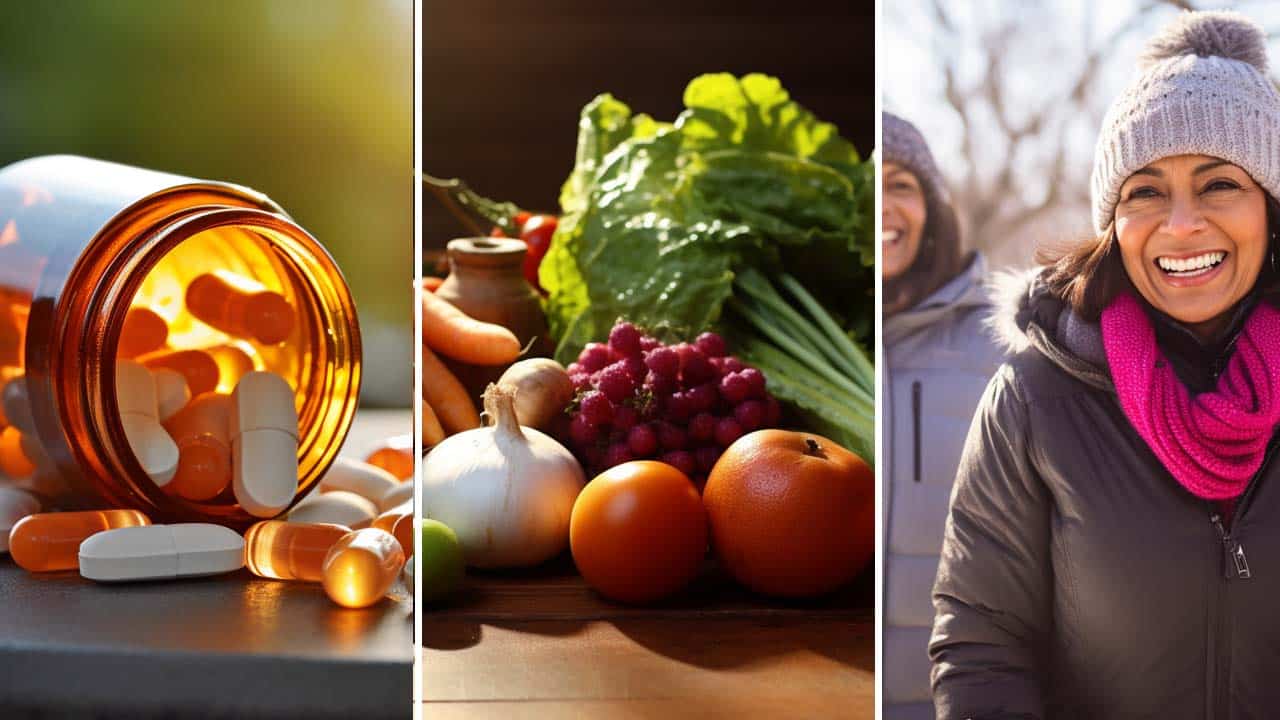 The image is divided in thirds. Medication on a counter loose, vegetables and 60 year old hispanic woman walking in the park in the winter with a friend.