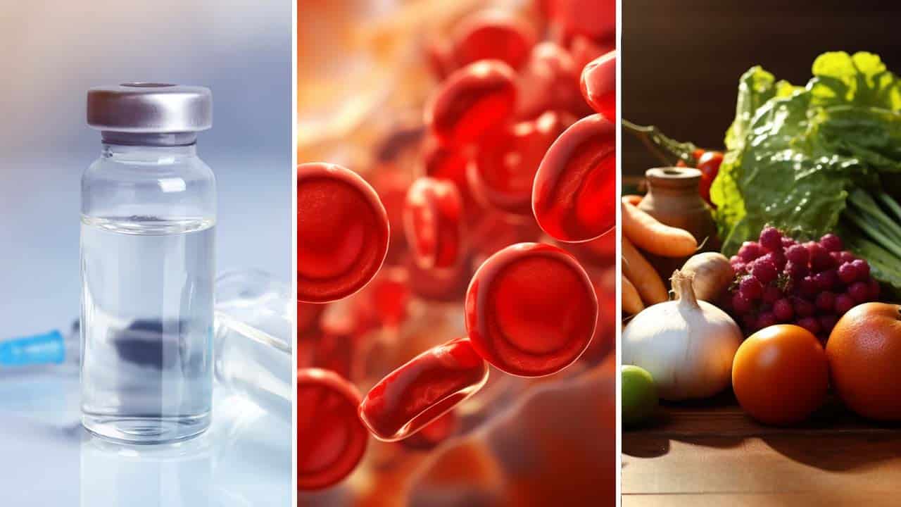 A medical syringe and ampule, red blood cells and healthy vegetables on a table.