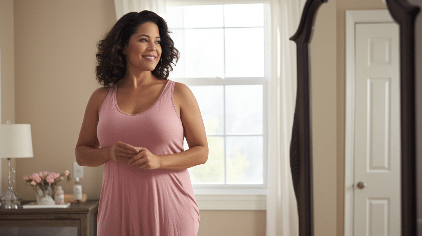 A slightly overweight professional hispanic woman 45 years old is looking at herself in a full-length mirror in a bedroom and she is happy with how her body looks.