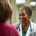 A 50-year old patient with a nurse consulting about health in a medical facility.