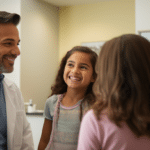 A male doctor consulting to a 10 year old child who is over weight together with her mom.