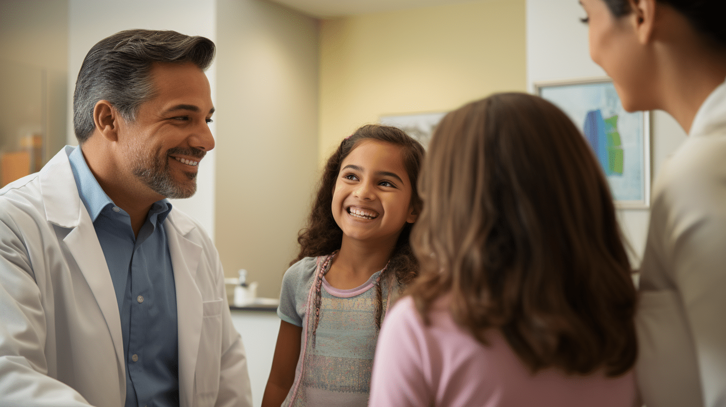 A male doctor consulting to a 10 year old child who is over weight together with her mom.