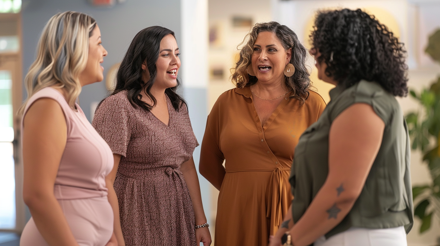 A group of women with different body types talking and smiling in the clinic lobby.