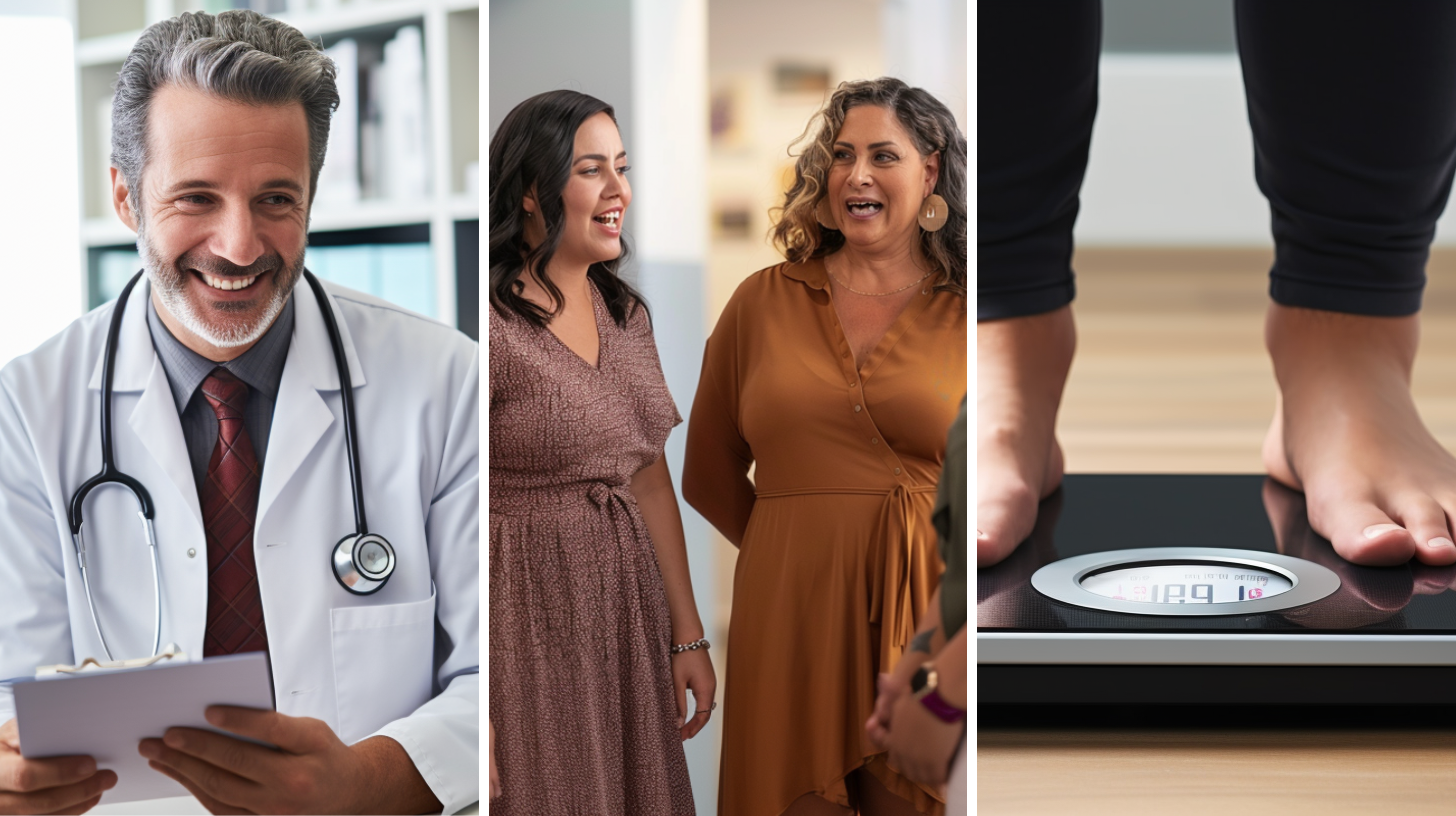 A medical doctor, a group of women with different body types talking and smiling in the clinic lobby, a person standing on a bathroom scale.