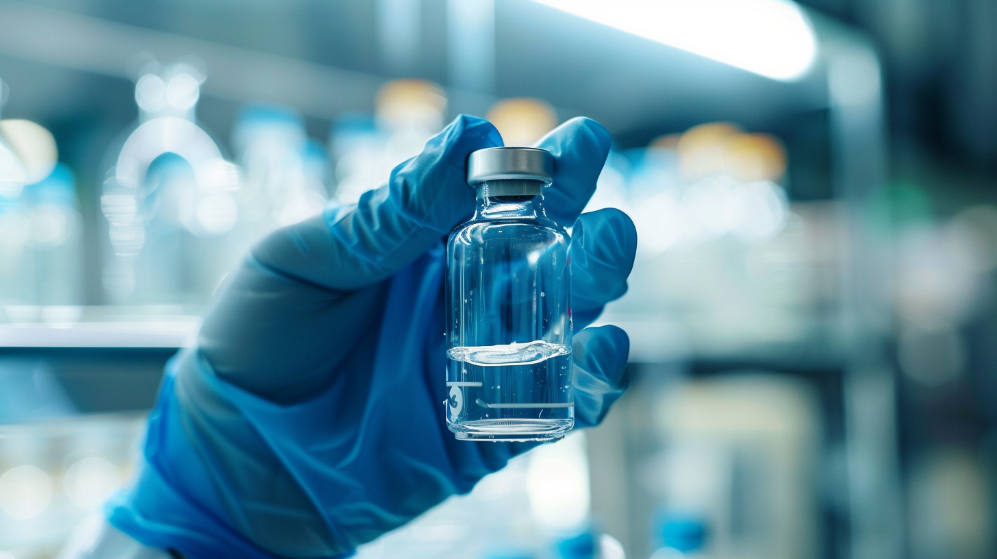 a hand wearing blue gloves holding clear glass medical vial, clinic background