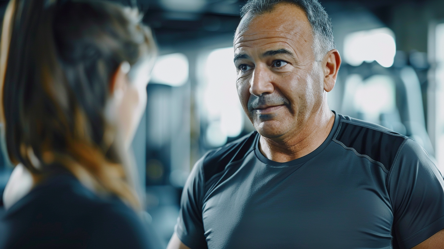 a hispanic man aged 50 years old inside the gym talking to a woman fitness instructor