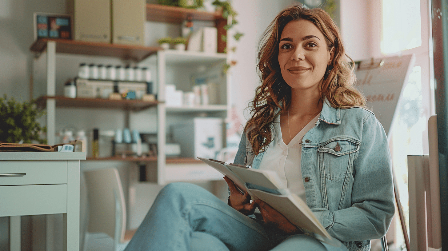 create an image of a midsize woman, wearing casual clothes, sitting inside the clinic, and holding a folder, capture a smiley face