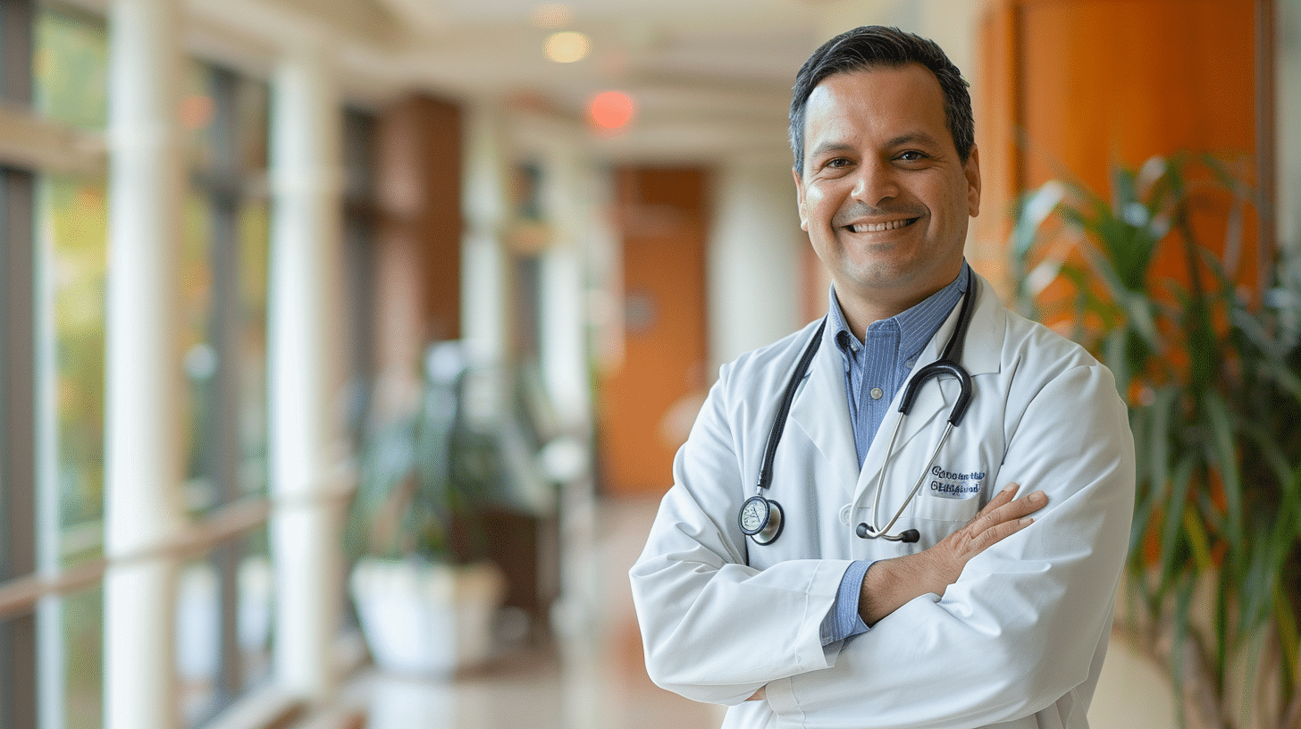 create an image of a doctor smiling and standing in the hallway of a lobby