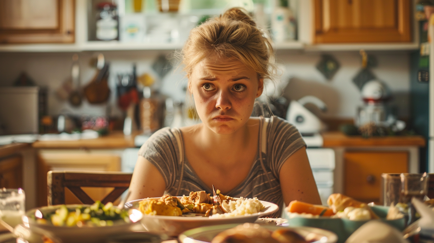An image of a white woman being emotional in the kitchen eating and having a lot of food on the table captures frowning of the forehead and uneasiness
