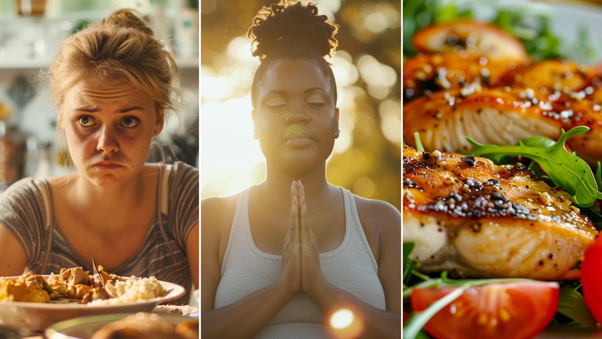An image of a white woman being emotional in the kitchen eating and having a lot of food on the table captures frowning of the forehead and uneasiness. slightly overweight black woman doing group yoga.