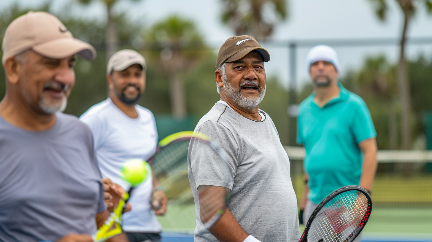 a group of Hispanic men playing tennis on the tennis court, wearing sportswear, and correct handling on the tennis rocket.