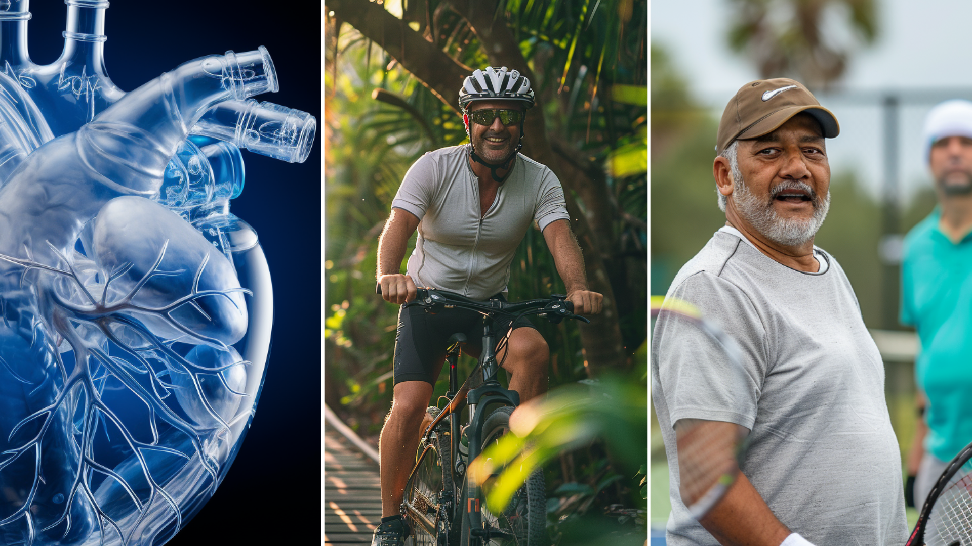 x-ray image of a healthy human heart, a group of Hispanic men 40-50 aged playing tennis on the tennis court, and friends around 30-35 aged riding a bike.