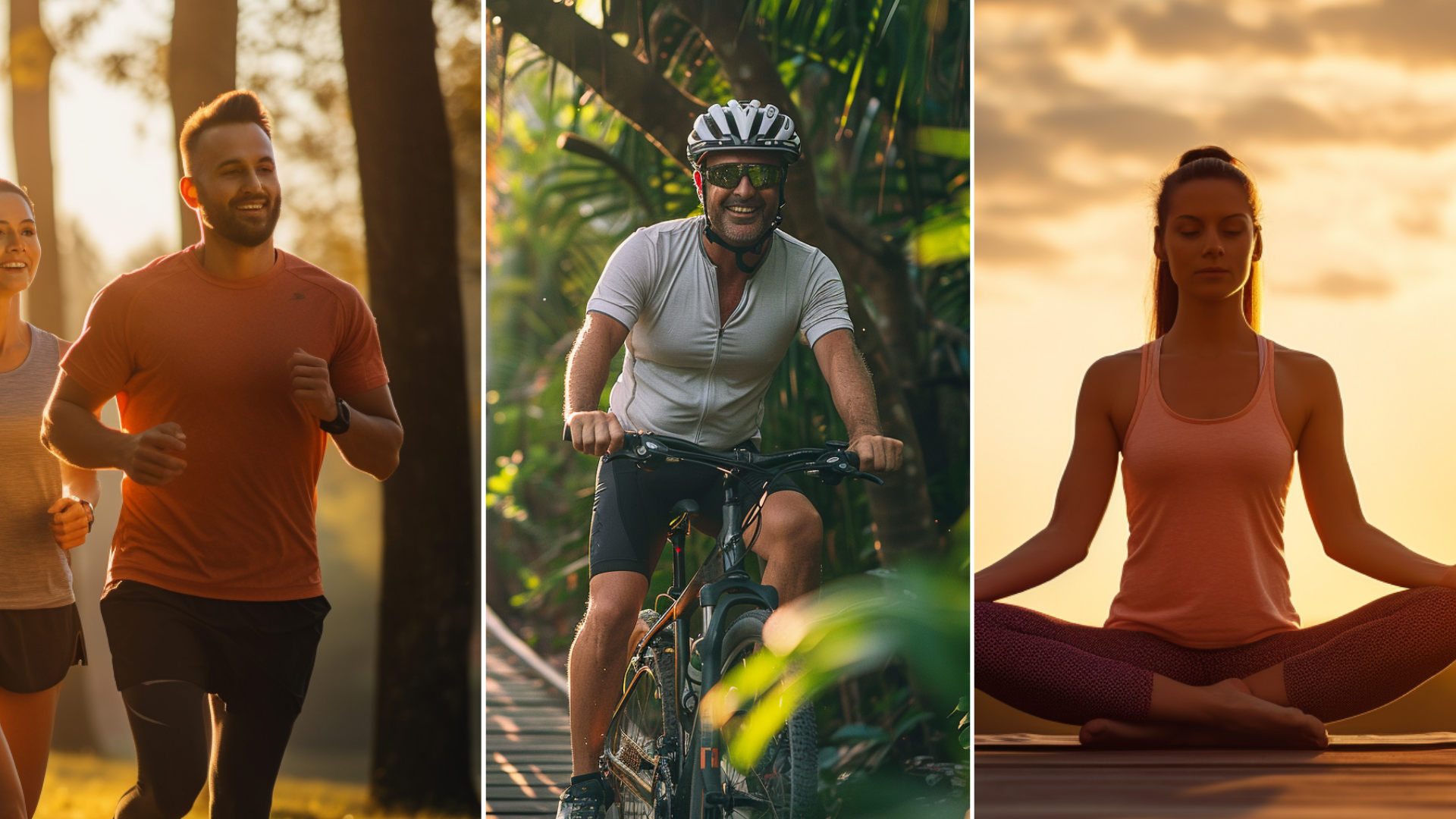 friends around 30-35 aged riding a bike, a couple running together in a park, and an outdoor yoga.