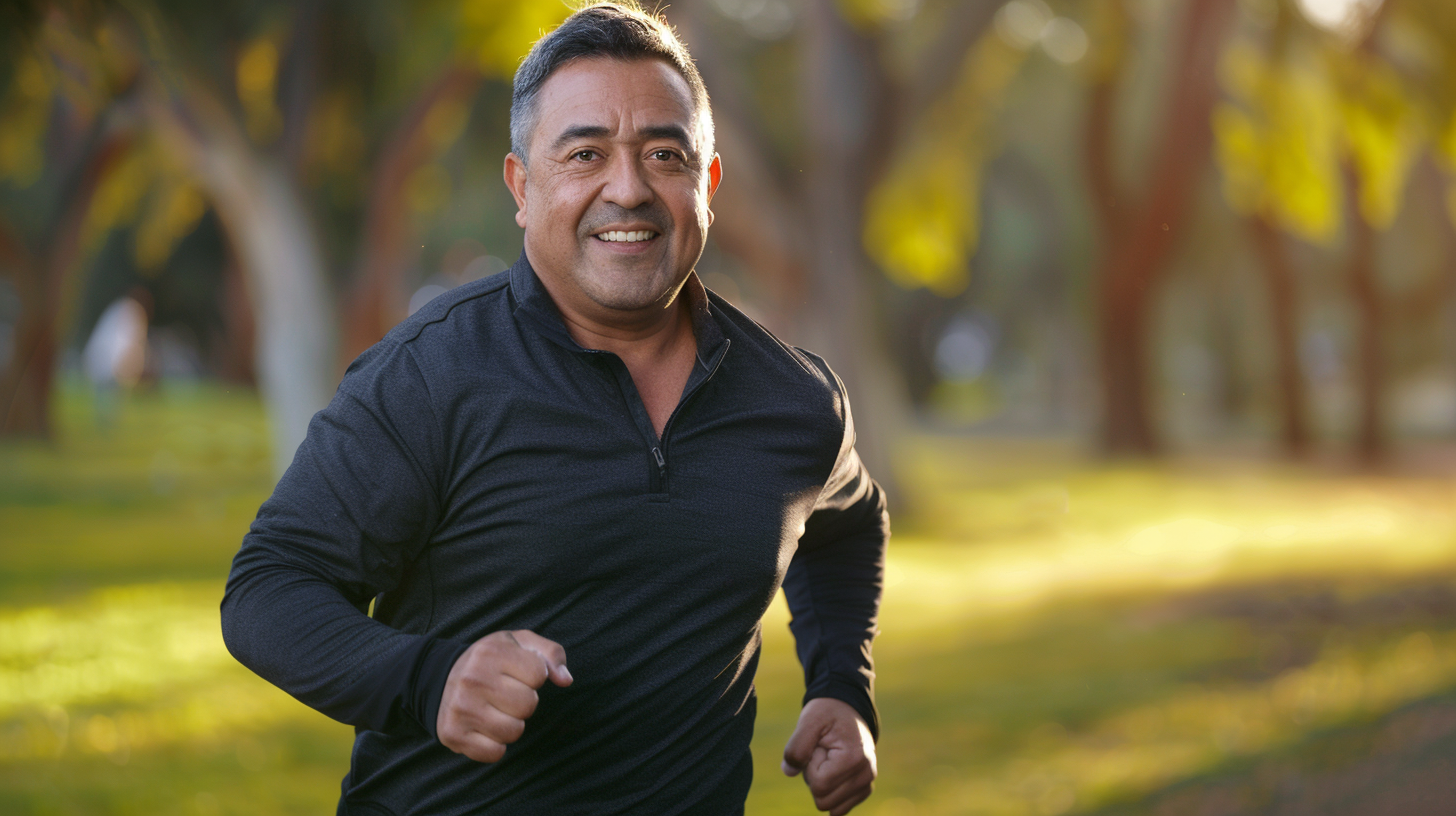 a hispanic man slightly overweight mid 30-40years running position, outdoor park.