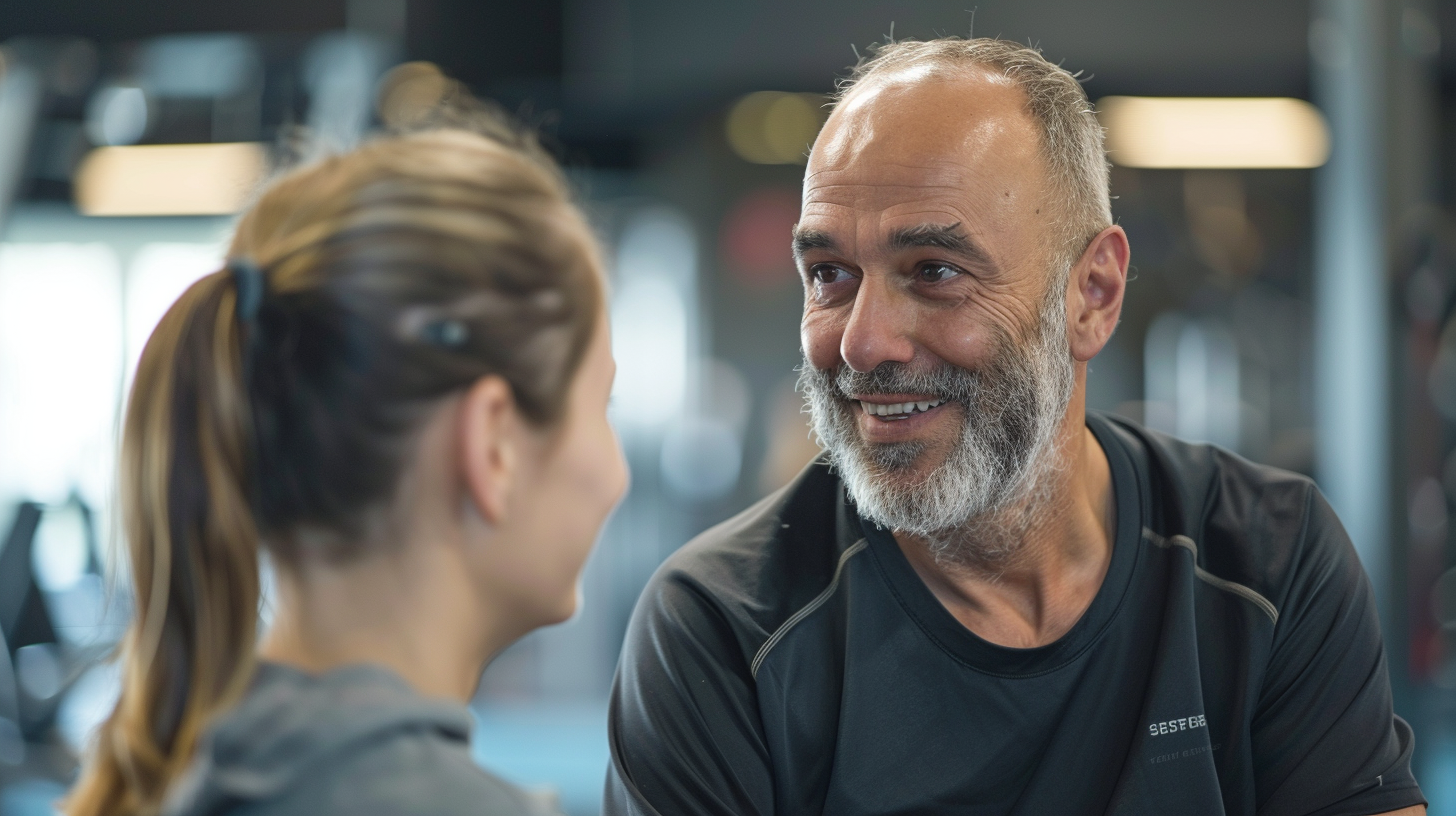 man aged 40+ years talking to a female fitness trainer at the gym.