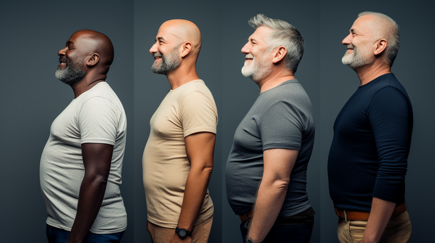 full profile of 3 standing men between the ages of 40 and 70 with different races and different body types.