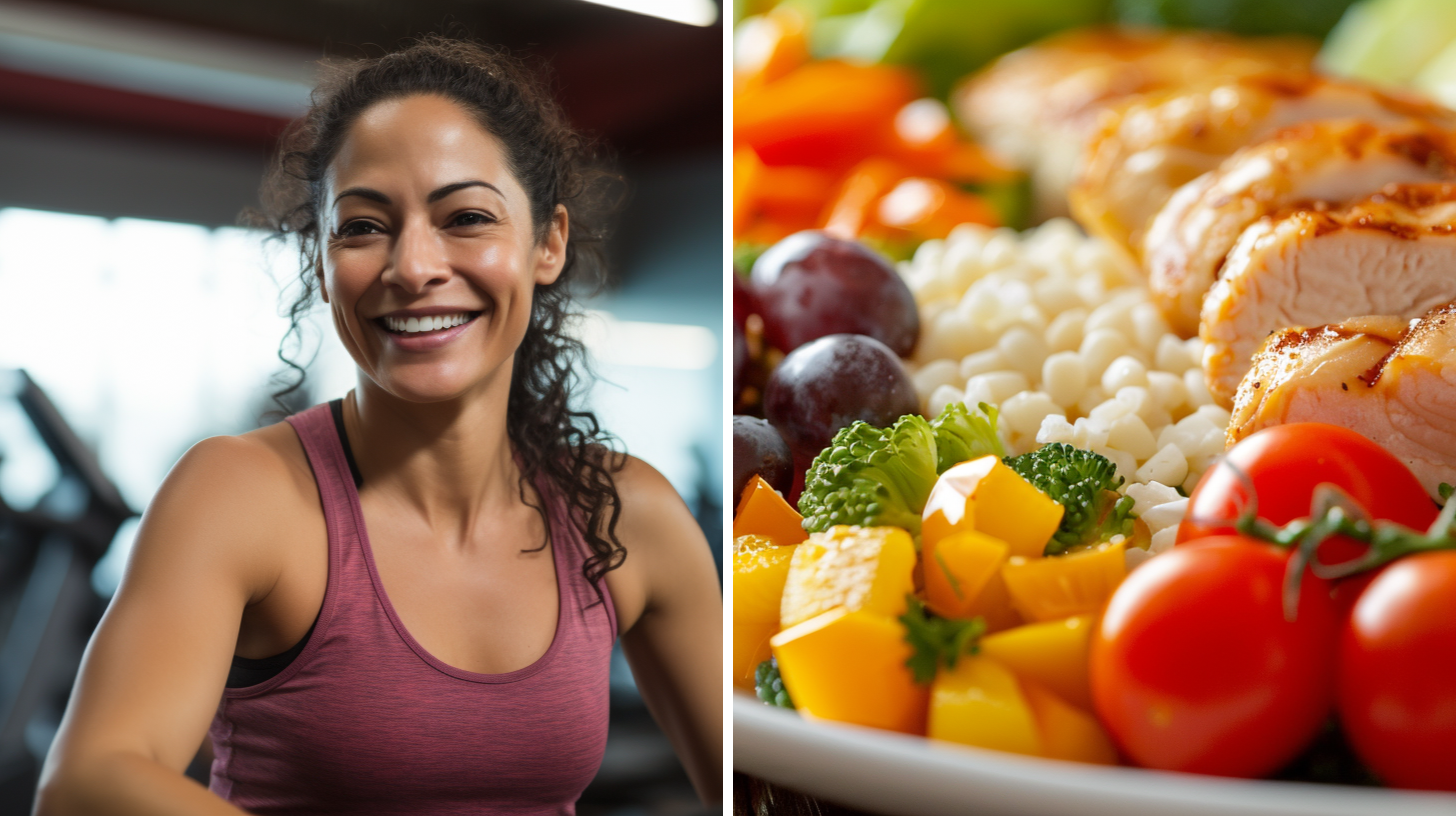 A female doing fitness workout in the gym and a healthy meal in a plate.