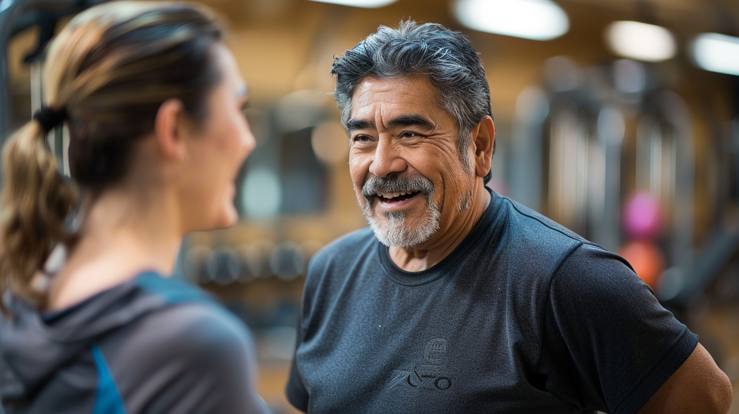 a Hispanic man aged 60 years old inside the gym talking with the fitness instructor