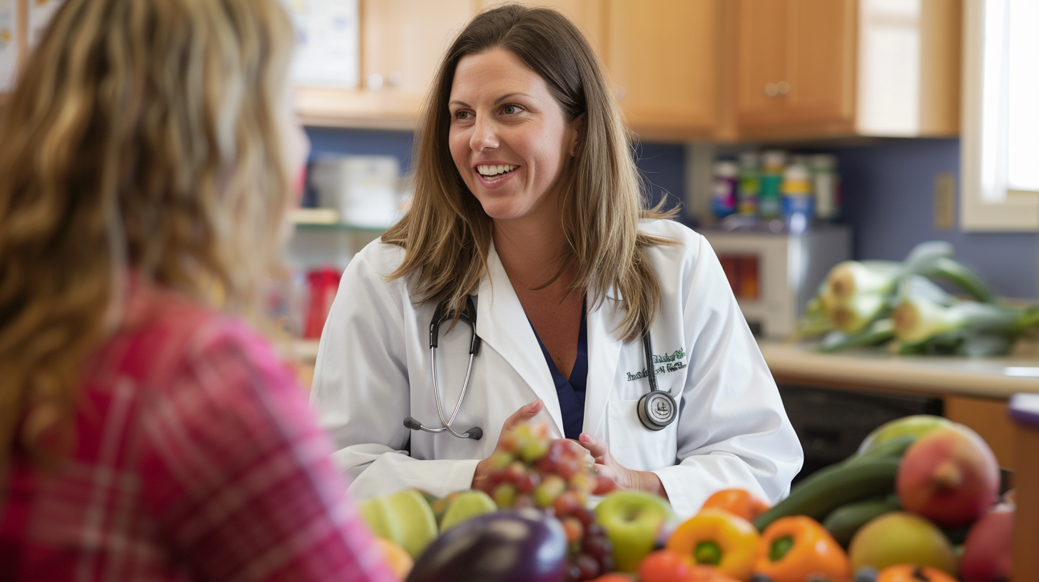 A nutritionist talking to a patient inside a clinic.