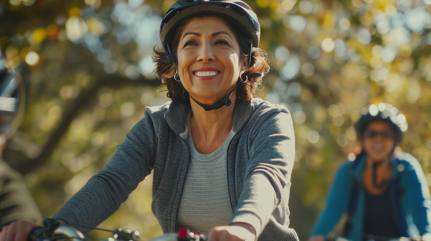 Middle age Hispanic woman riding a bike with friends in the park.