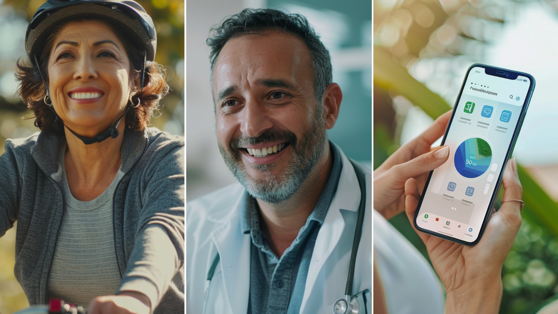 A 40-year-old male doctor in a consultation room, sitting face-to-face with a patient, captures a smiling face, giving fitness recommendations to lose weight. woman hand-holding phone with a weight loss app interface. Middle age Hispanic woman riding a bike with friends in the park.