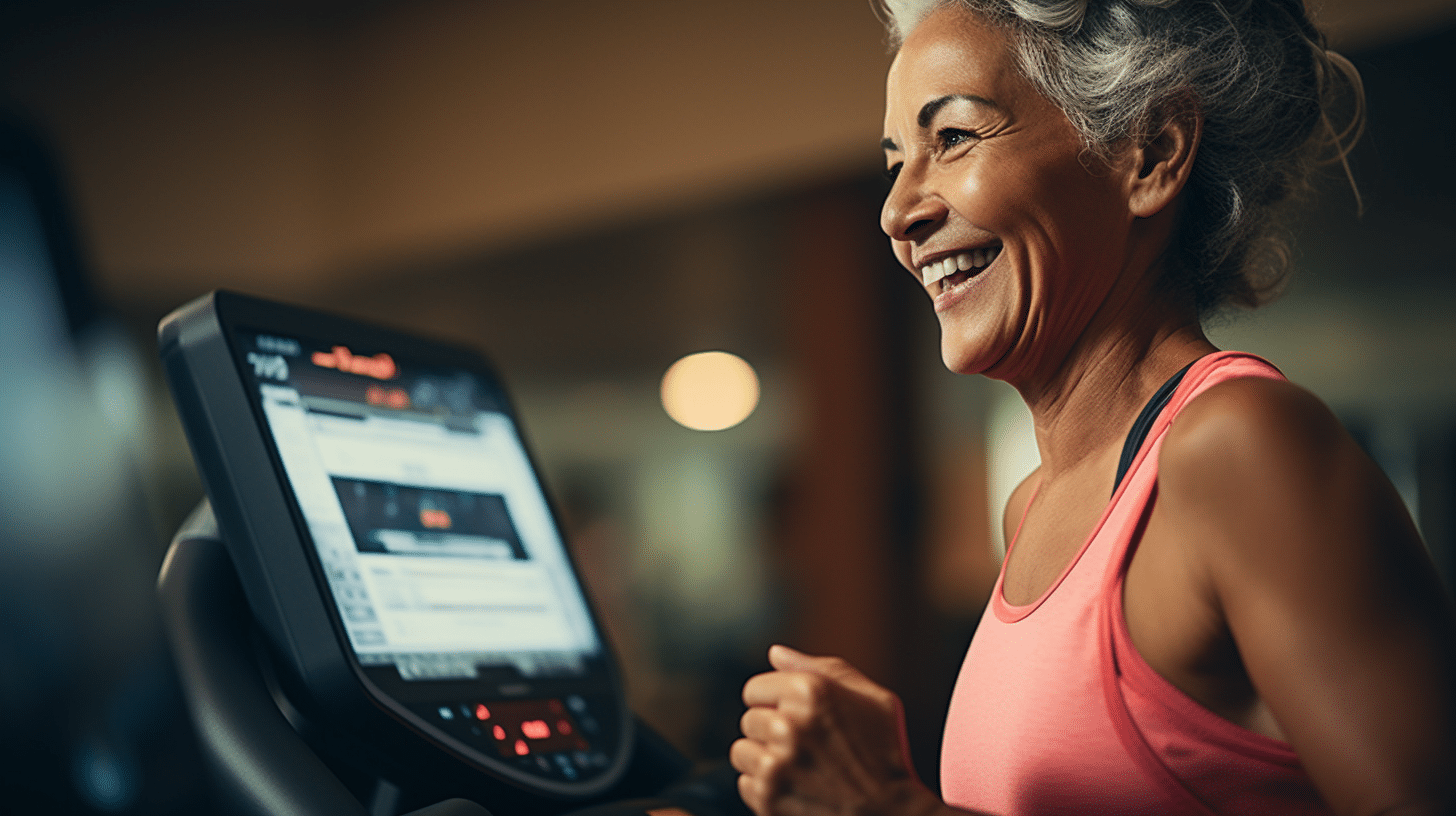 A fitness tracker and an elderly hispanic female running on a treadmill inside a gym.