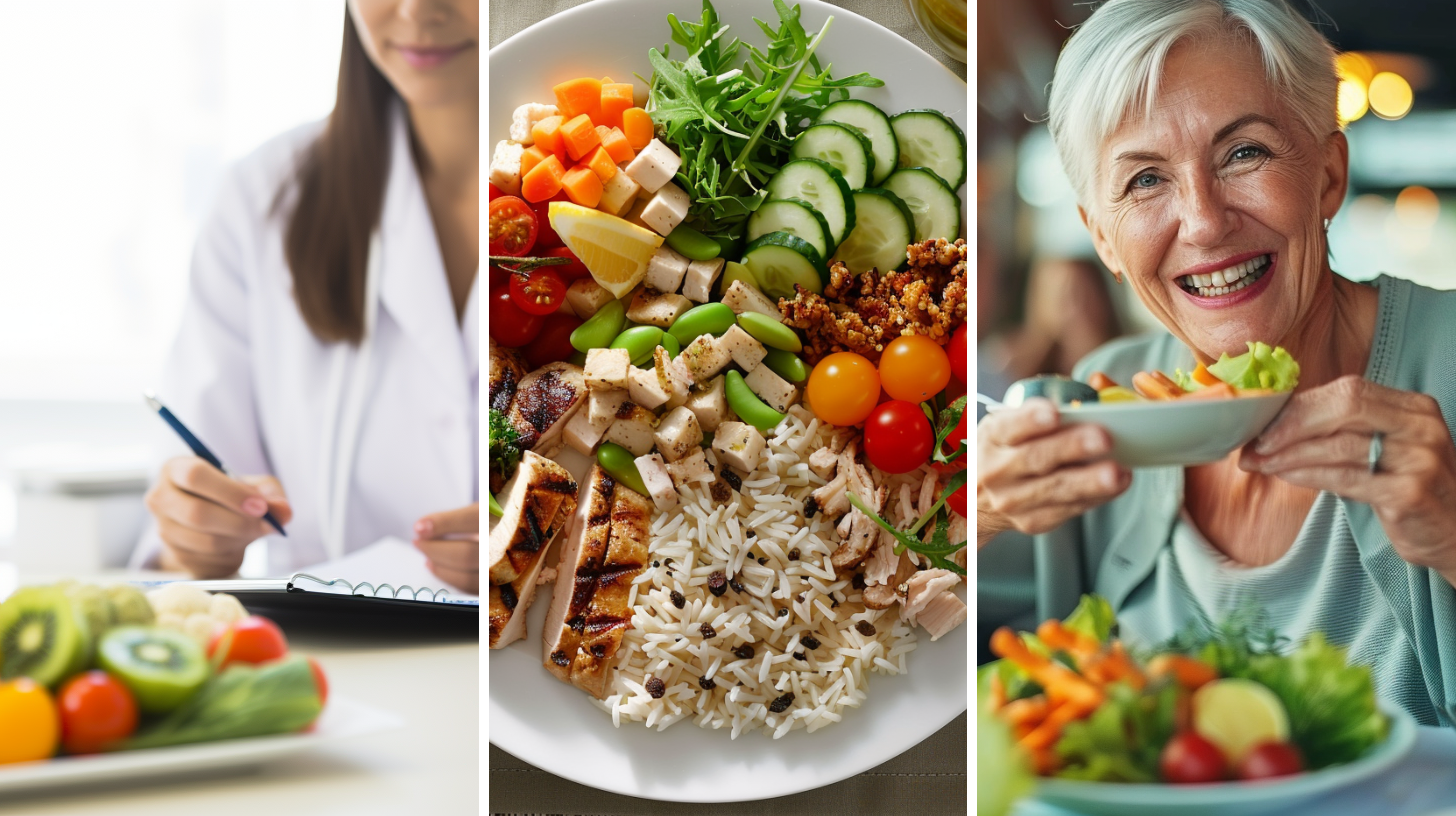 A dietitian writing a meal plan, a plate of balanced diet meal, a middle-aged woman eating healthy meal in a table.