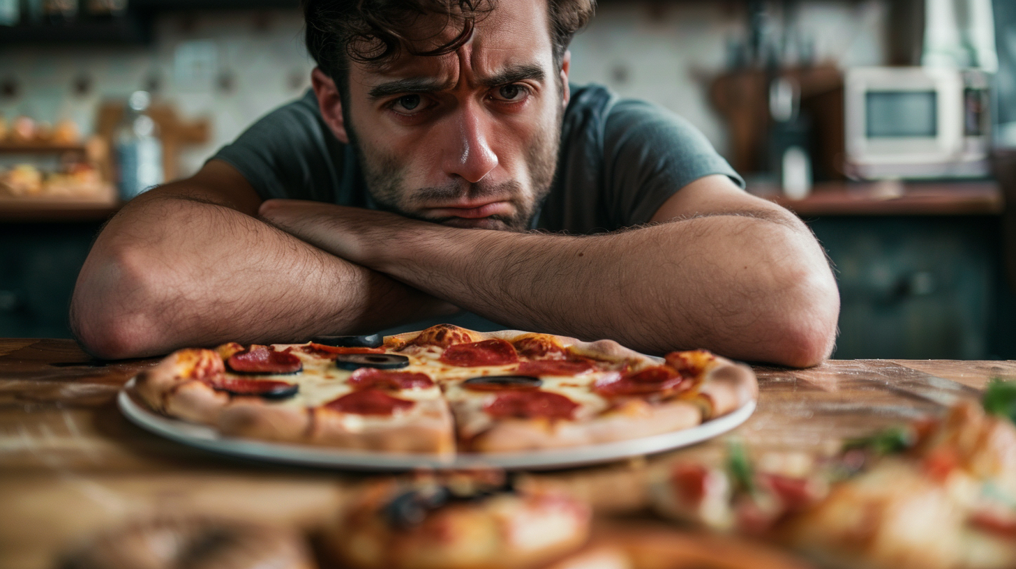 An image of a male who is looking sadly at a pizza on the table.