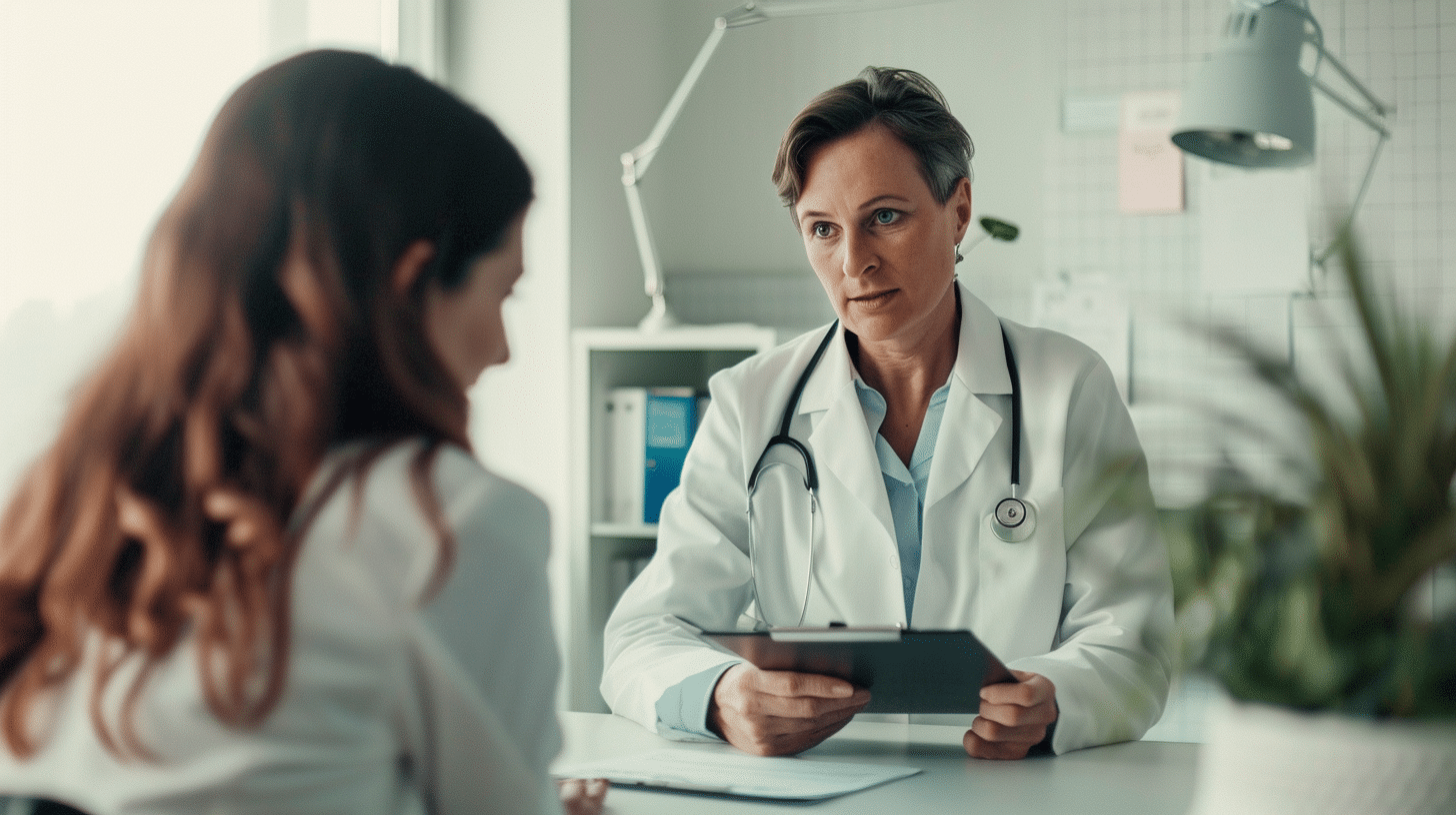 create an image of a doctor wearing a white coat and holding a clipboard, seated at the table inside the clinic while talking to the patient
