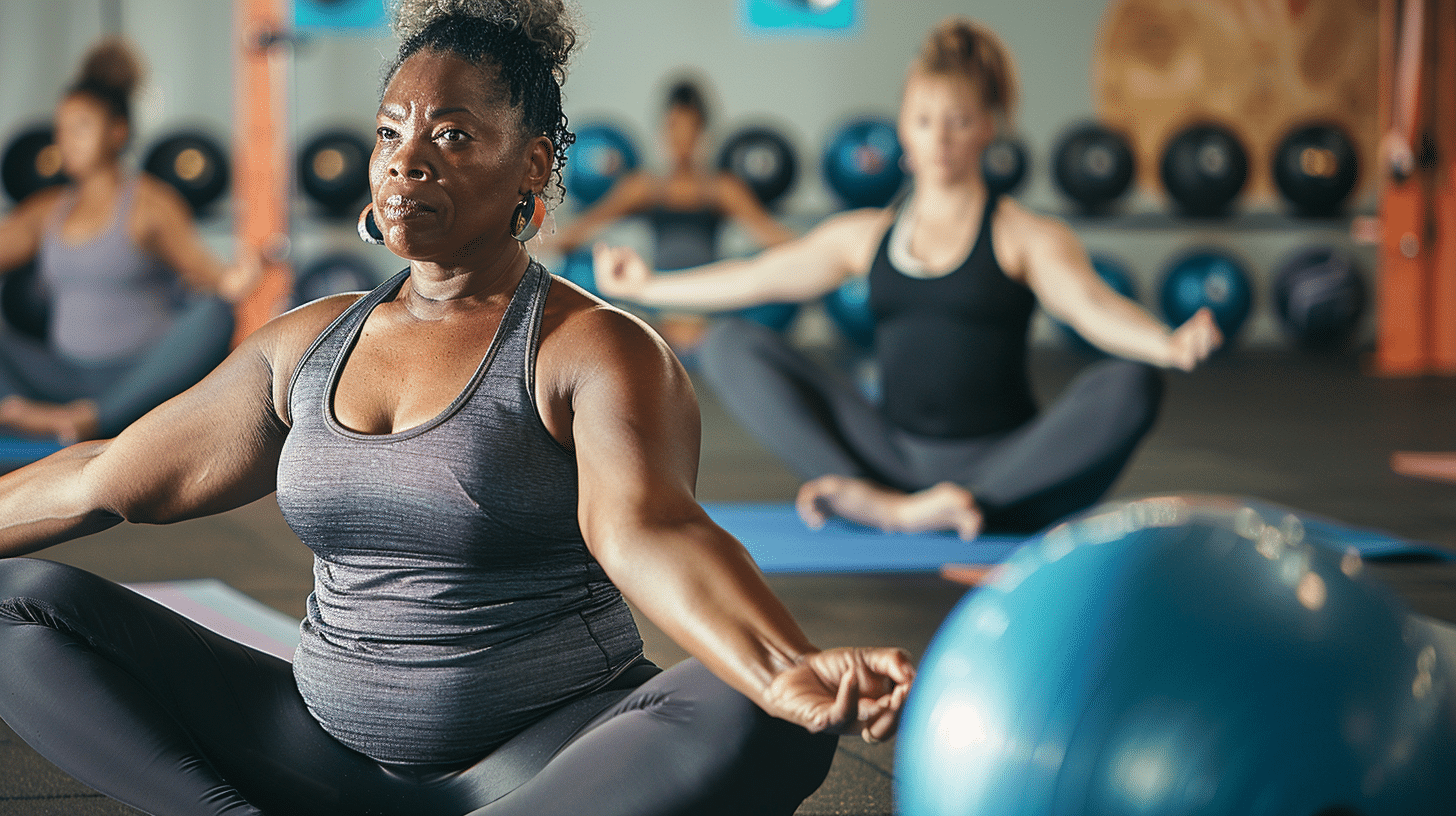 create an image of midsize women doing yoga in the gym
