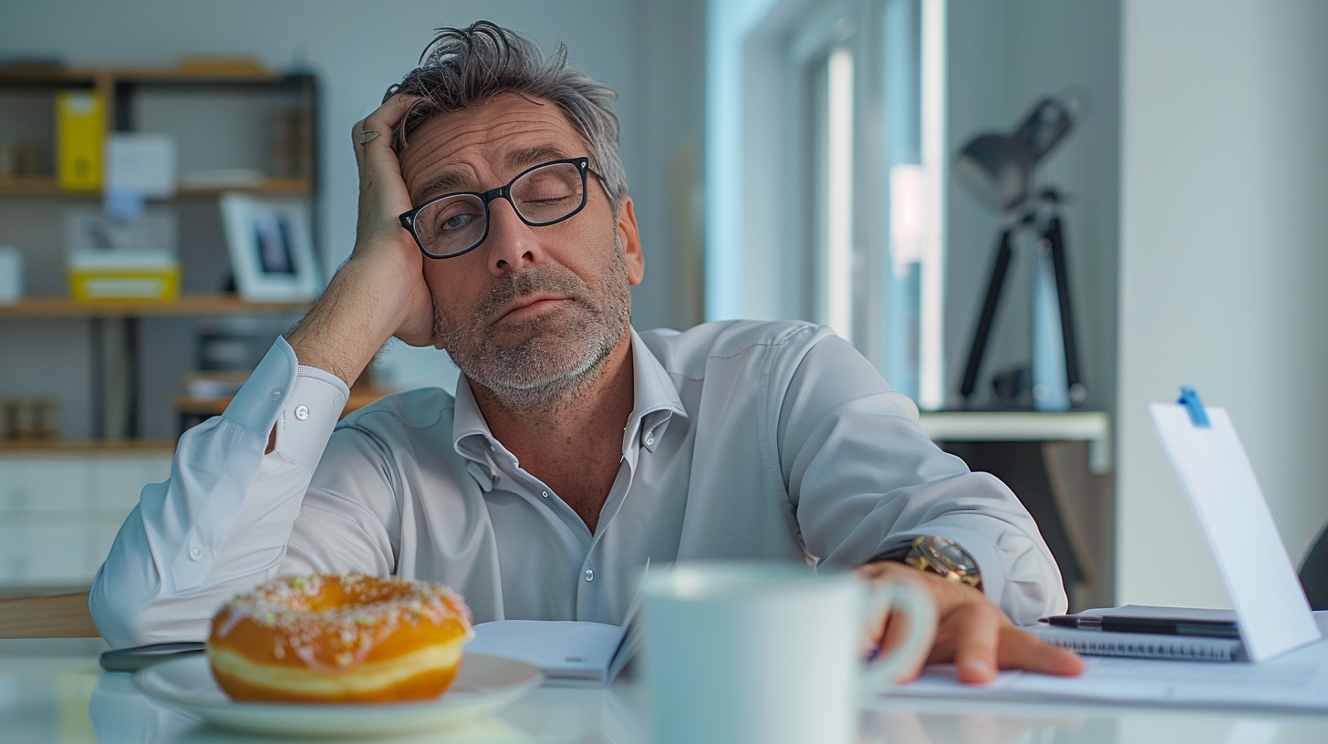 Middle aged business man in the office at his desk looking tired with a donut and coffee on the desk.